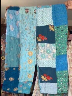 Kantha Karma Patchwork Embellished Crop Pants in Turquoise and Navy